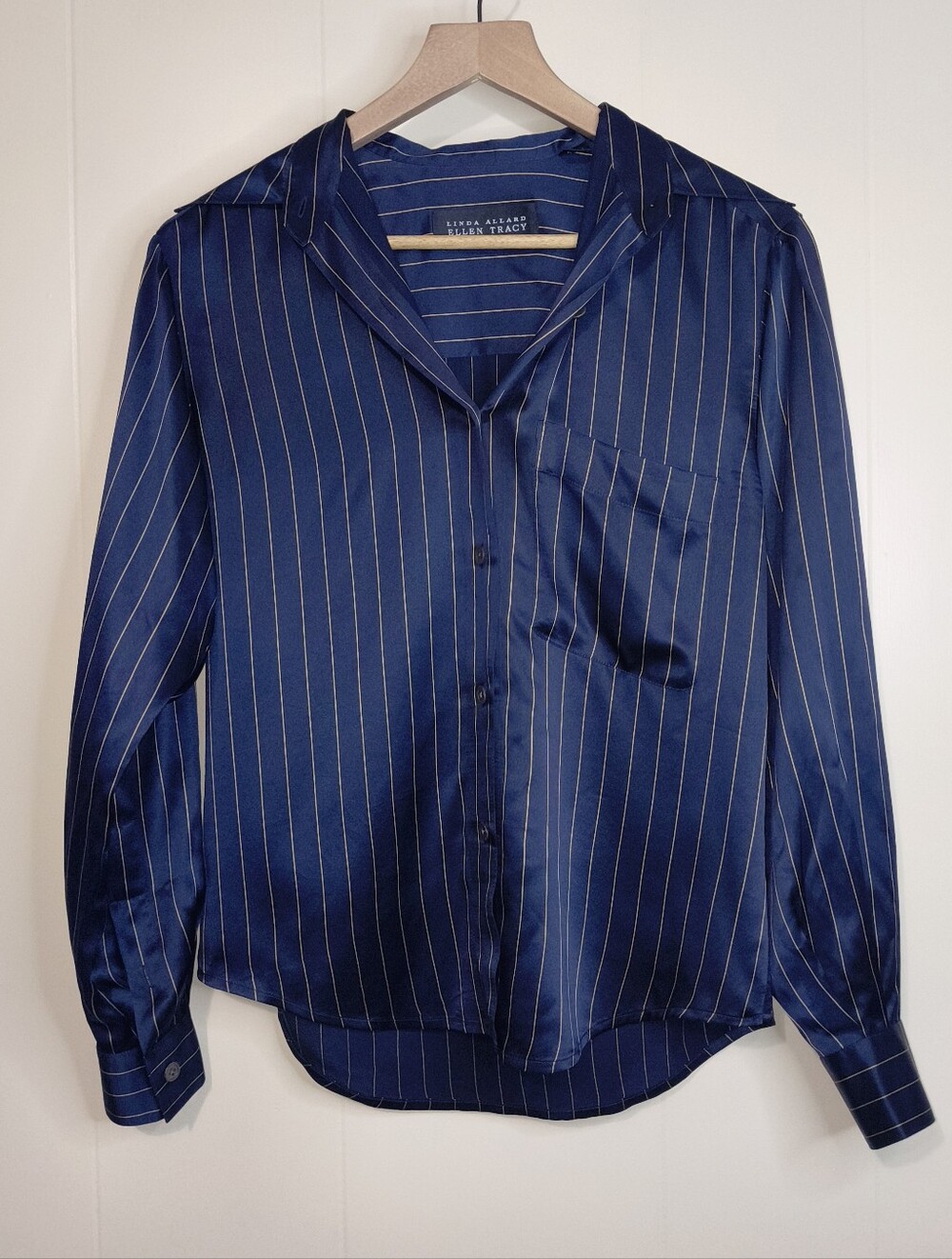 Ellen Tracy Navy Pinstripe 100% Silk Blouse